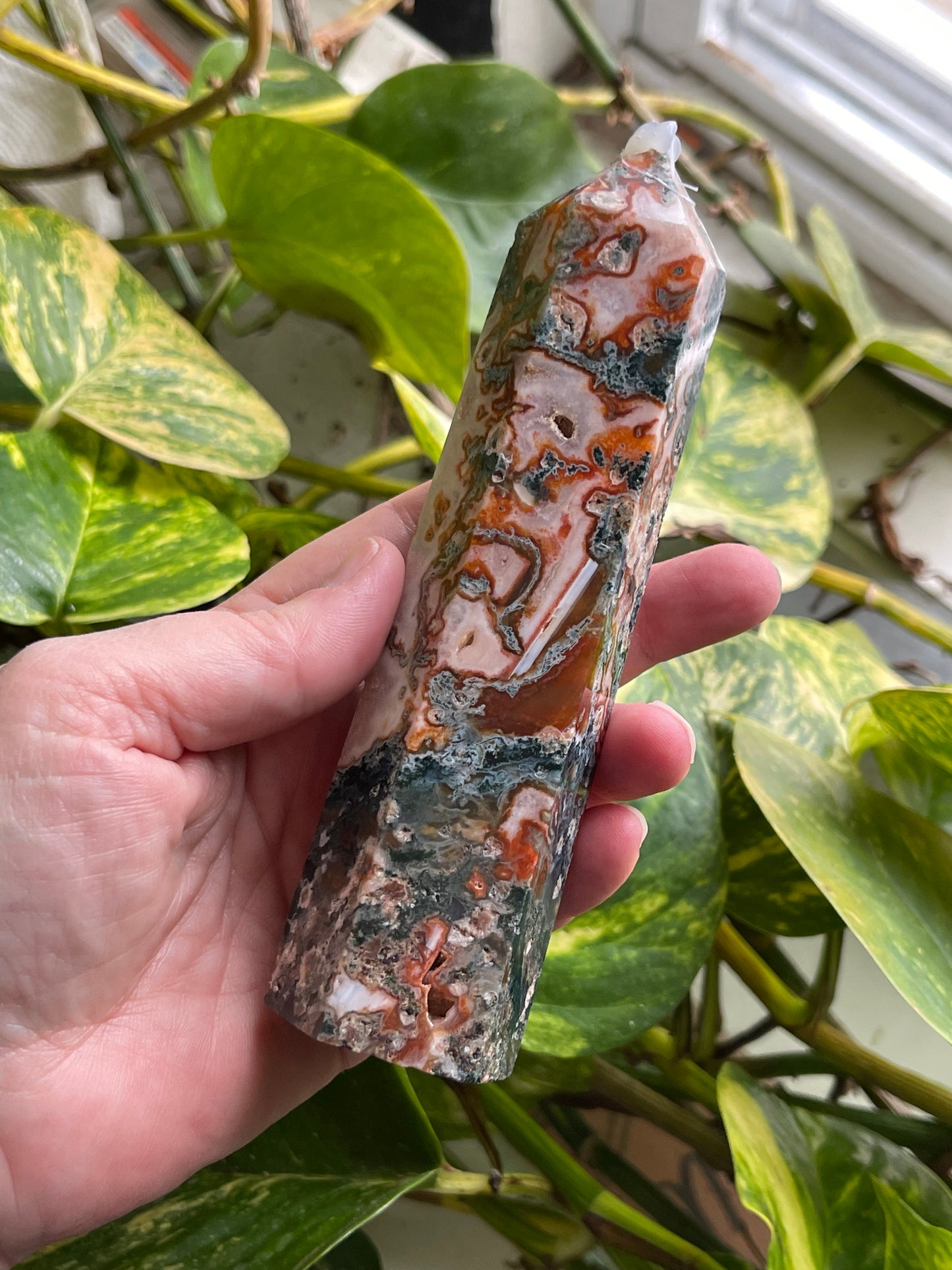 Red Moss Agate Tower | Large Moss Agate Tower | Healing Energy Crystal