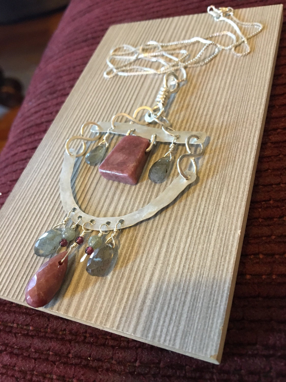 Cold forged Tribal sterling silver Pendant | Genuine Rhodonite and Labradorite, Garnet accents | Healing Gemstones