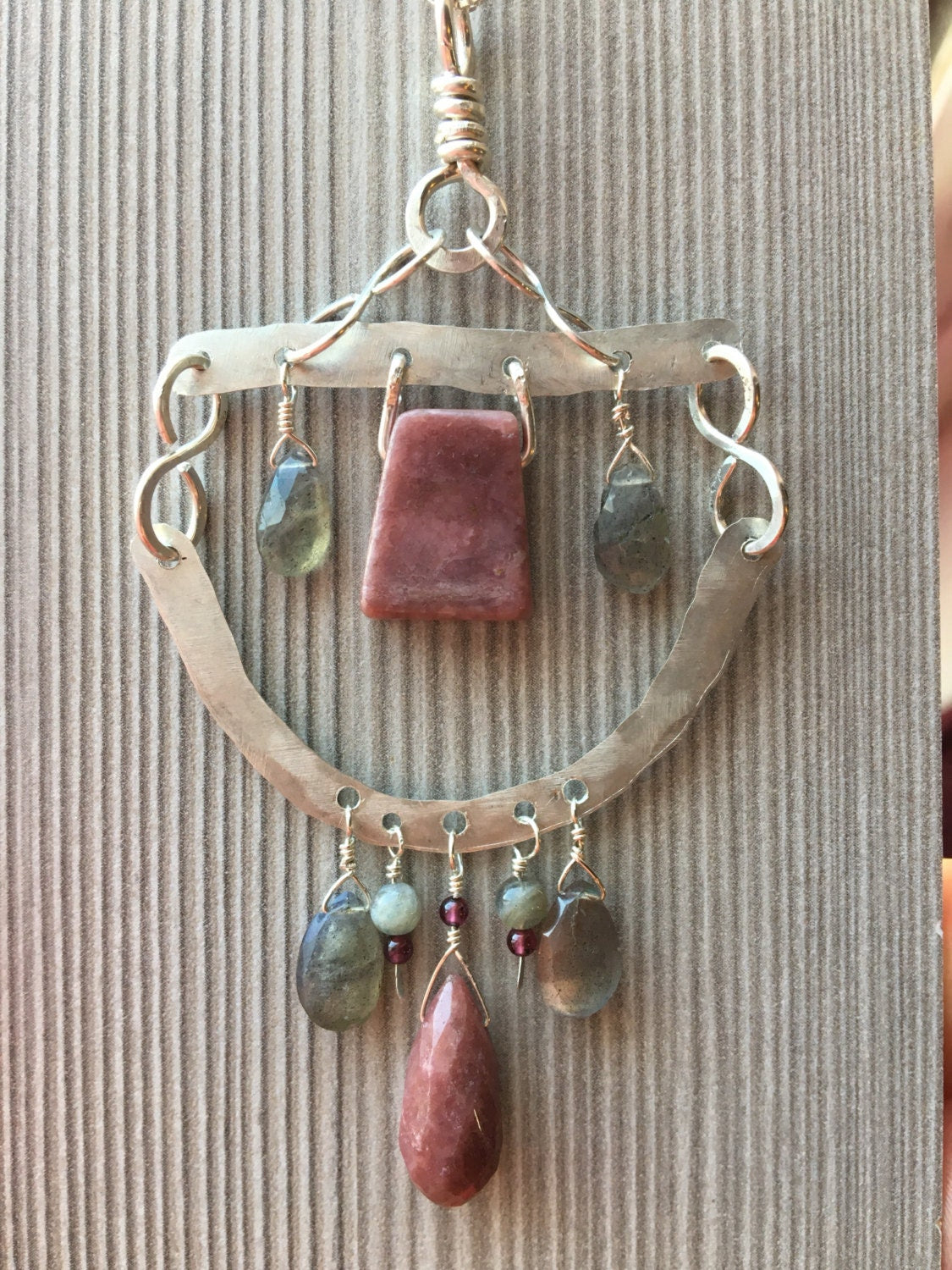 Cold forged Tribal sterling silver Pendant | Genuine Rhodonite and Labradorite, Garnet accents | Healing Gemstones