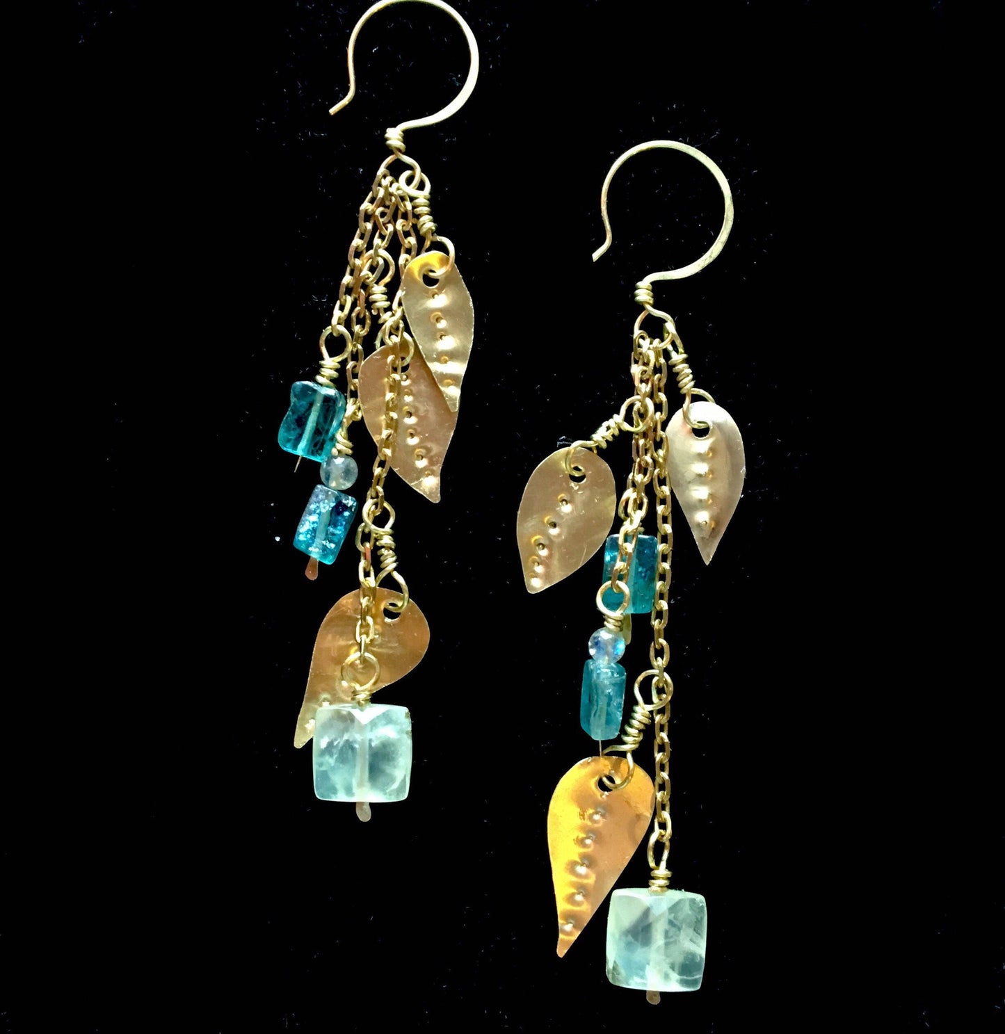 Brass leaf earrings boho green and gold