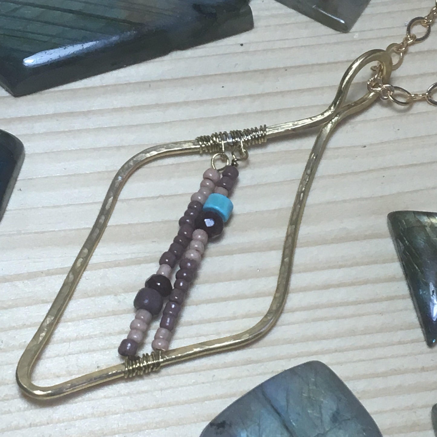 Brass Necklace bohemian Glass and Jade super Long