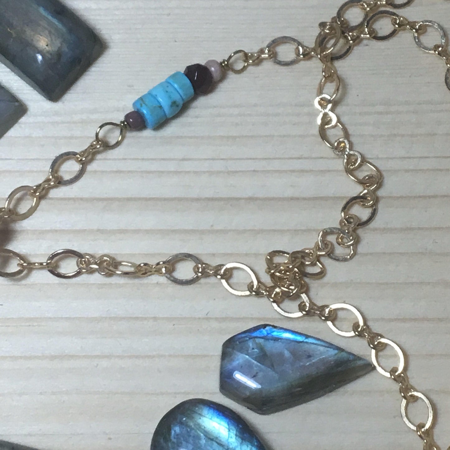 Brass Necklace bohemian Glass and Jade super Long