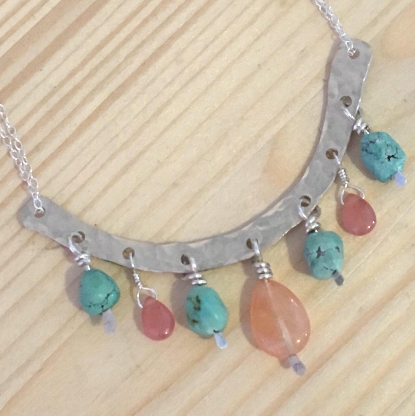 Sterling Silver Necklace Turquoise, Rutilated Quartz and Rhodochrosite | Healing Gemstones | Gift for Her