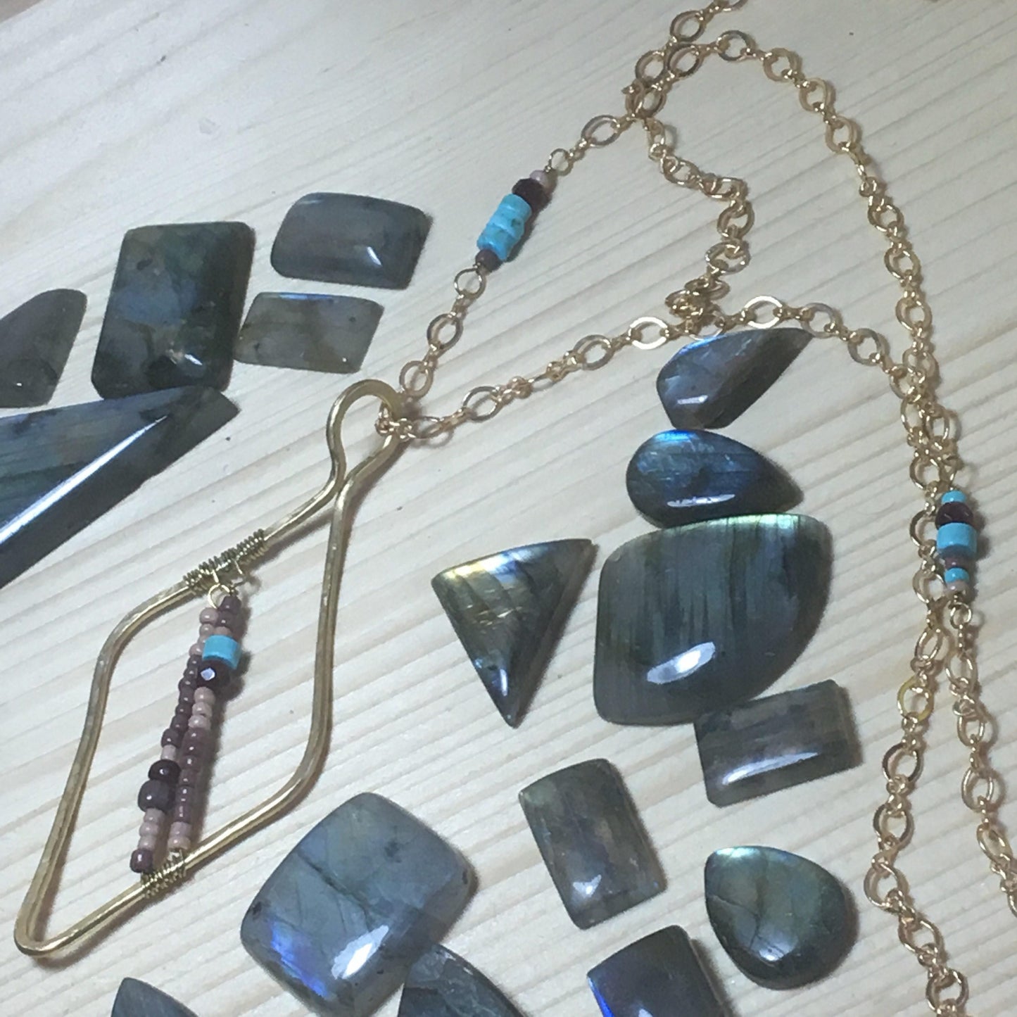 Brass Necklace bohemian Glass and Jade super Long