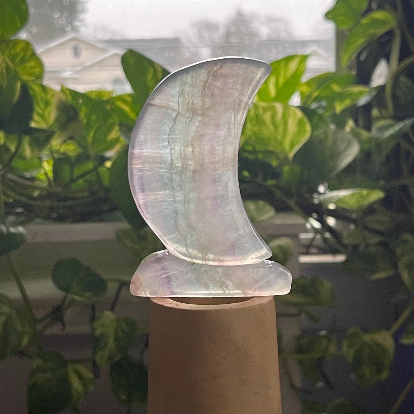 Green and purple Fluorite Cut Base Crescent Crystal Moon Healing crystal