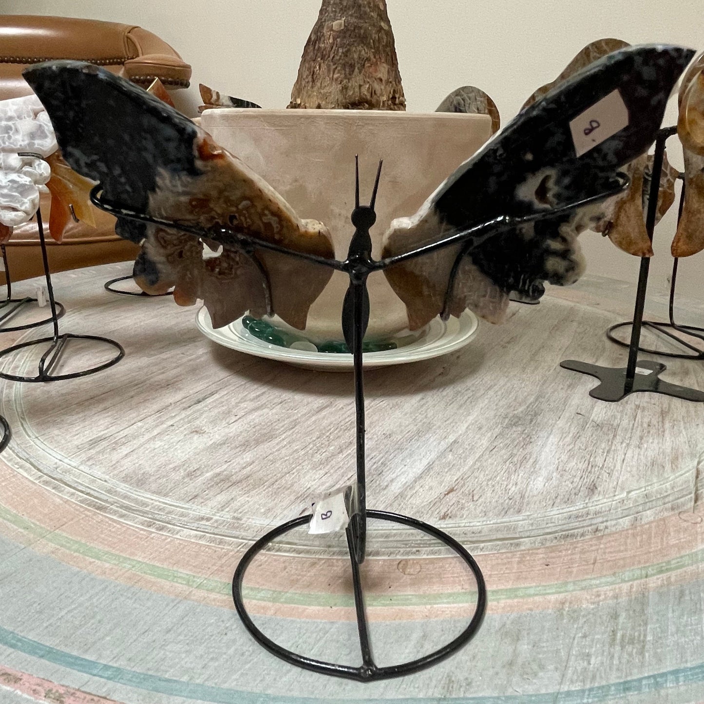 Fossilized Palm Root Butterfly Crystal Wing Set on metal stand