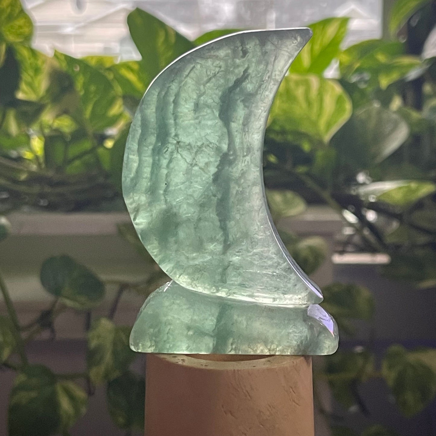 Green Fluorite Cut Base Crescent Moon Hand Carved Healing Crystal Moon