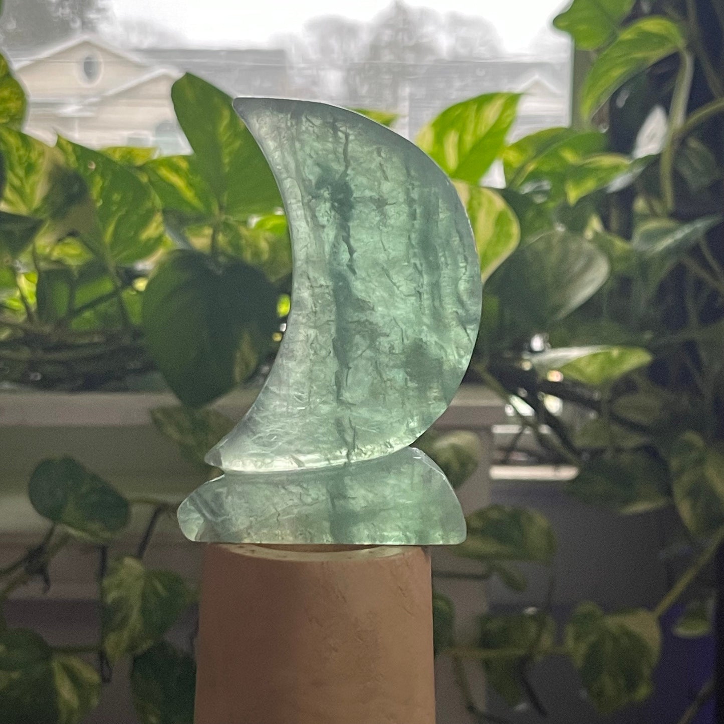 Green Fluorite Cut Base Crescent Moon Hand Carved Healing Crystal Moon