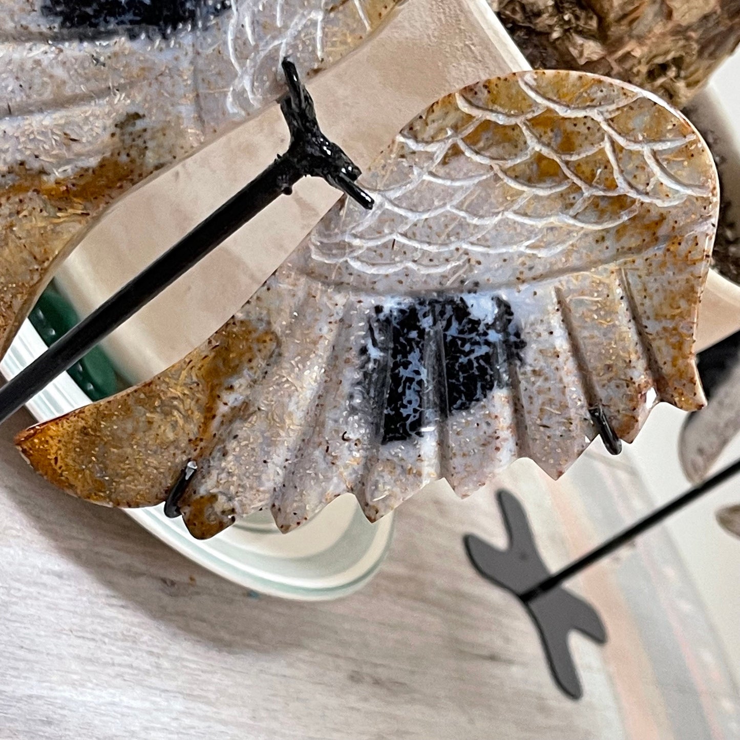 Fossilized Palm Root Crystal Angel Wings on stand