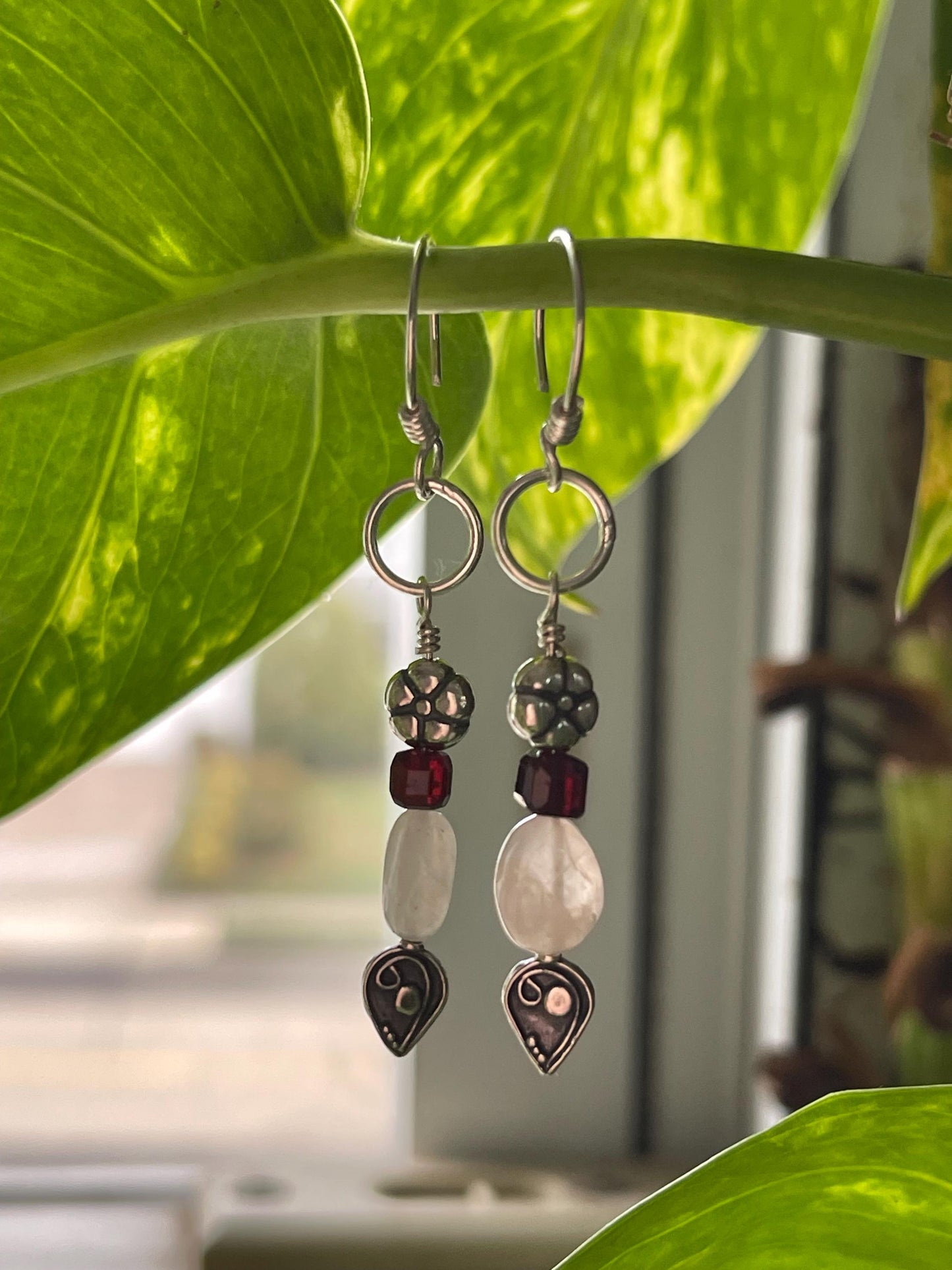 Sterling Silver Earrings with Garnet and Rose Quartz