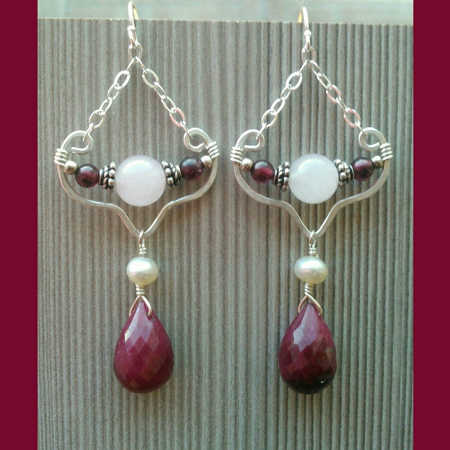 Exquisite Ruby Queen Earrings on Sterling Silver with Rose Quartz, Garnet and Freshwater Pearl Accents; Ruby Earrings