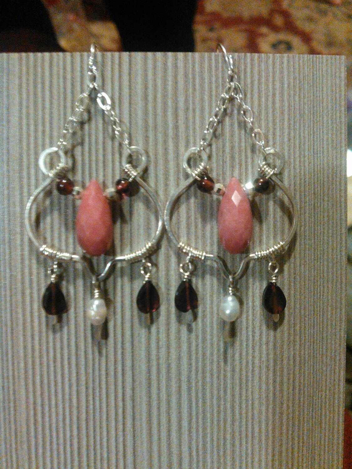 Vintage style Gemstone and Sterling Silver Earrings Rhodonite and Garnet