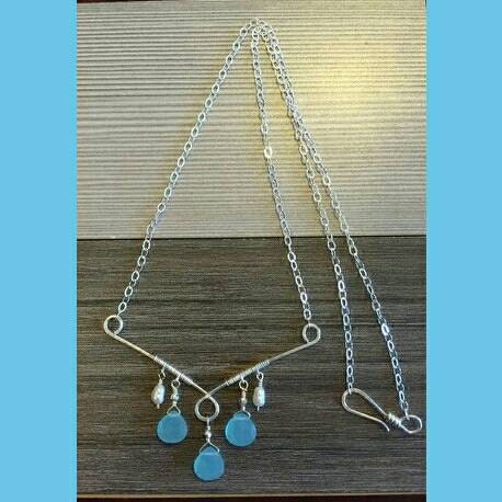 Blue Chalcedony and Freshwater Pearl Necklace on Sterling Silver, Hand crafted