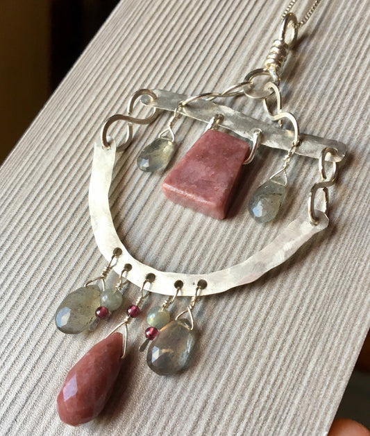 Cold forged Tribal sterling silver Pendant | Genuine Rhodonite and Labradorite, Garnet accents | Healing Gemstones