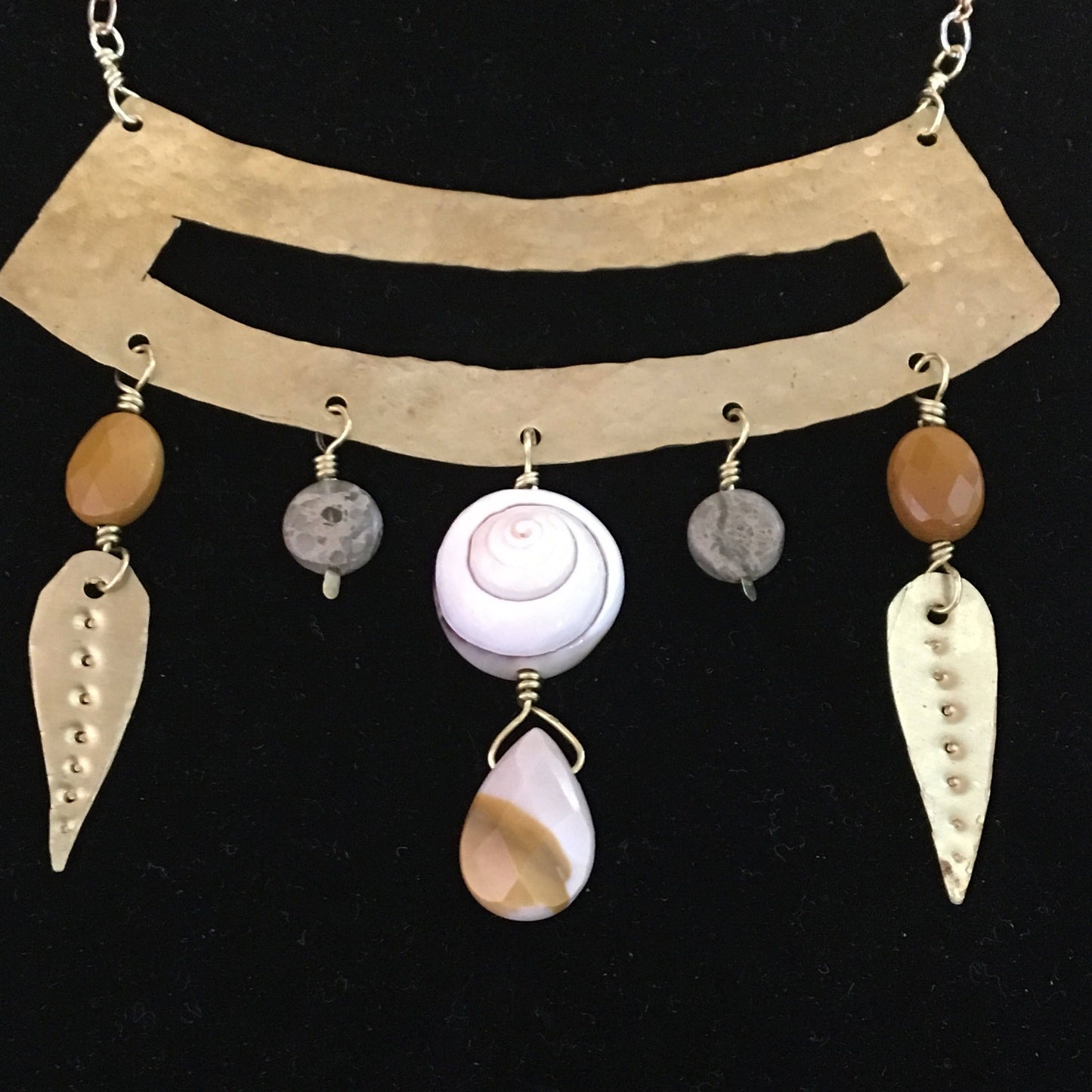 Tribal Style Brass and Gemstone Boho Necklace Shell and Feathers