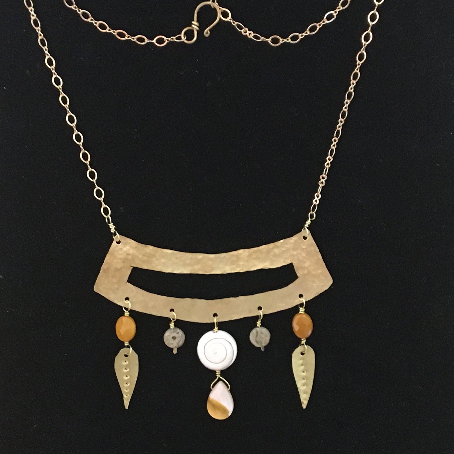 Tribal Style Brass and Gemstone Boho Necklace Shell and Feathers