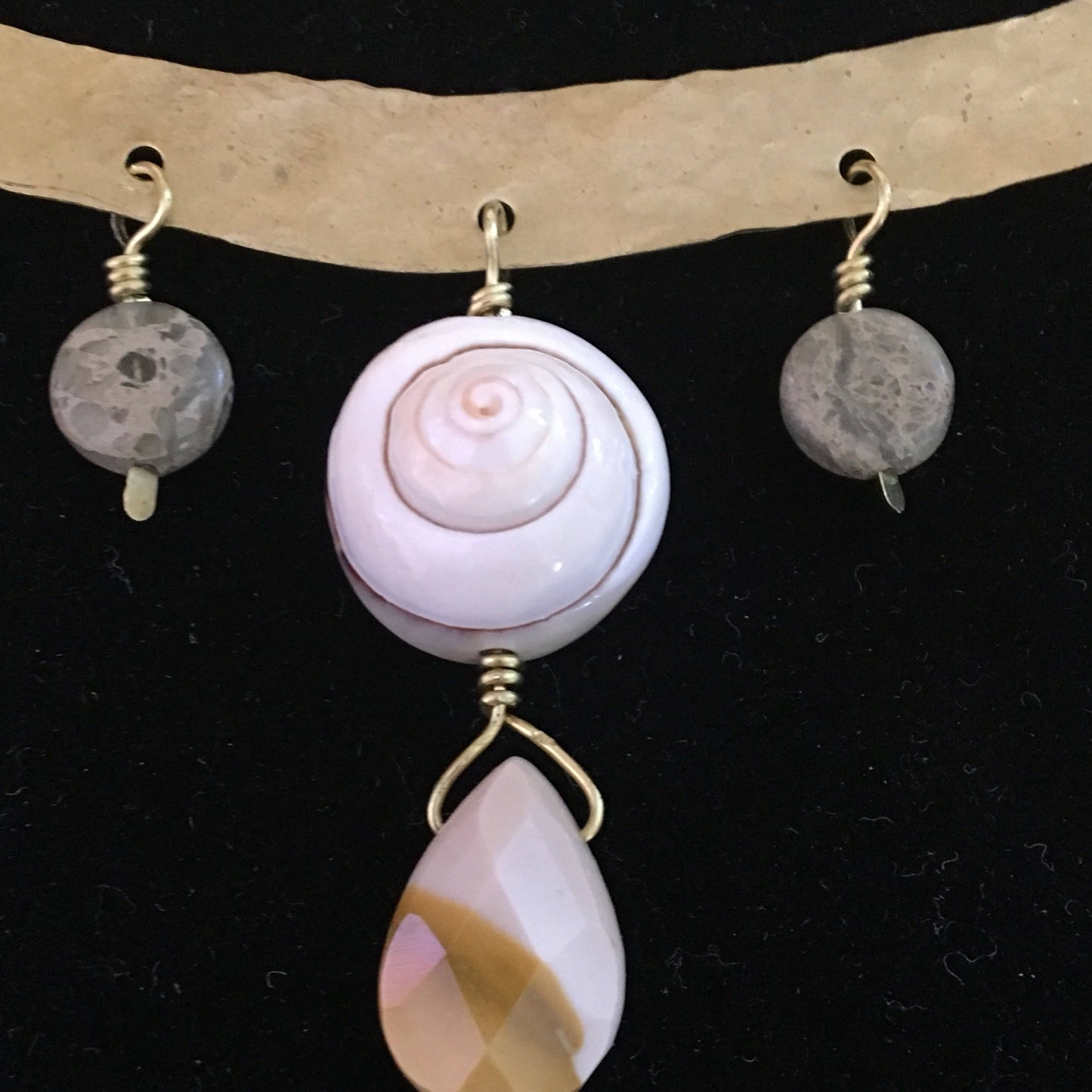 Tribal Style Brass and Gemstone Boho Necklace Shell and Feathers