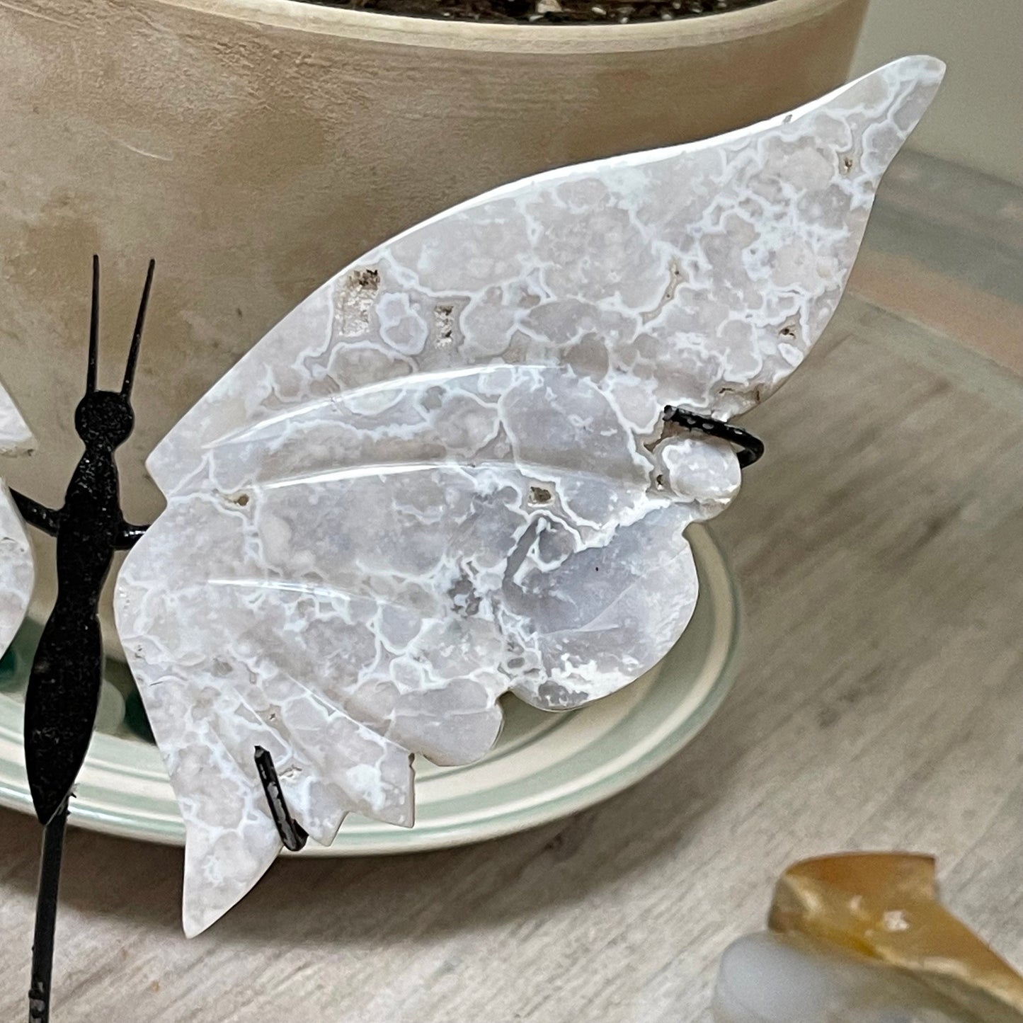 White Agate With Druzy Crystal Healing Energy Butterfly Wing Set on metal stand