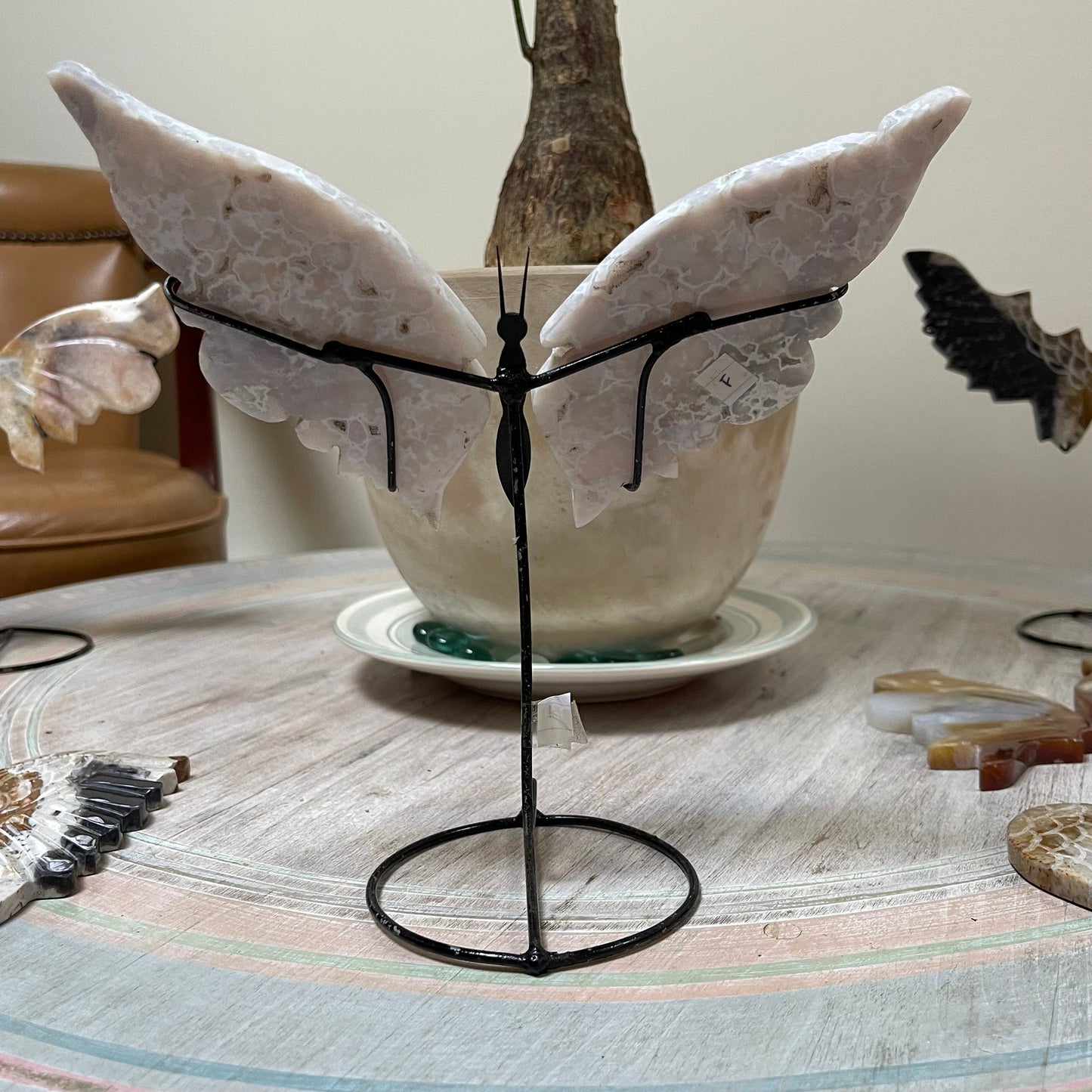 White Agate With Druzy Crystal Healing Energy Butterfly Wing Set on metal stand