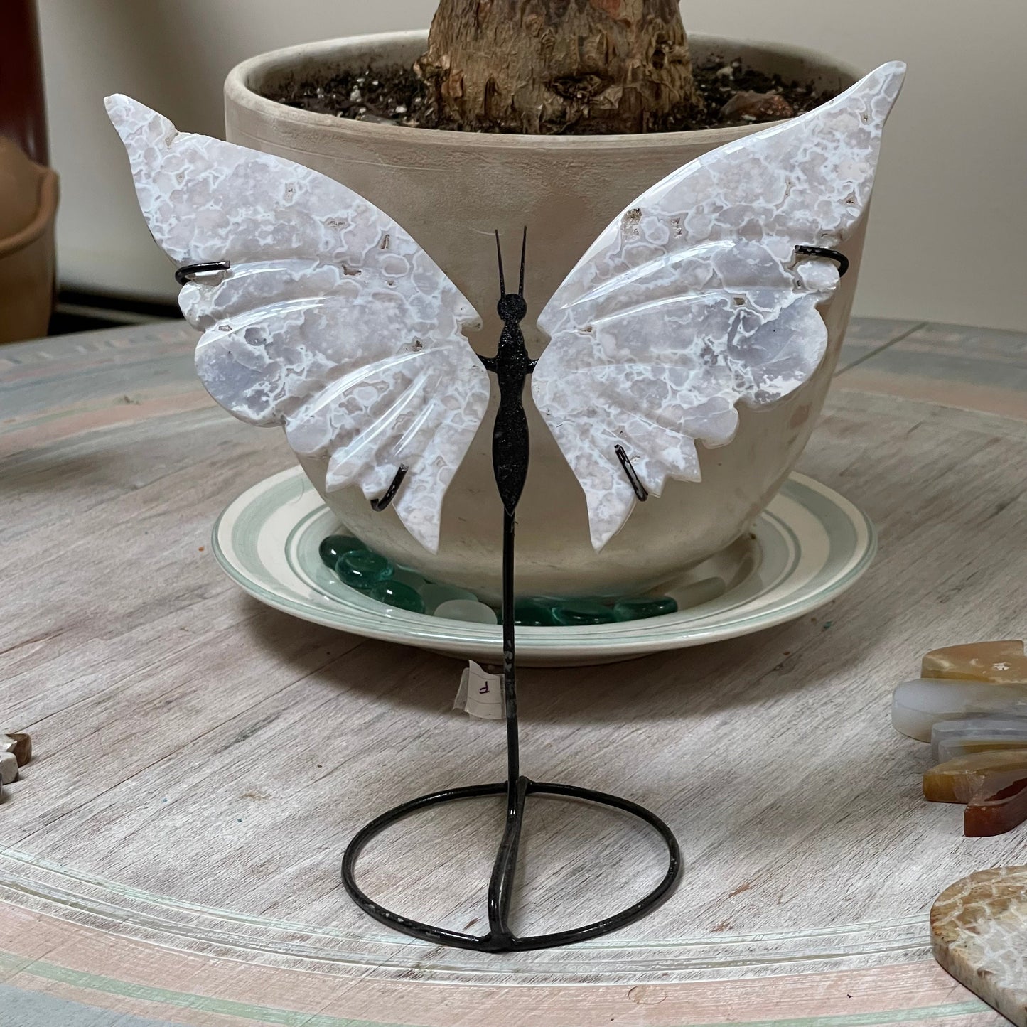 White Agate With Druzy Crystal Healing Energy Butterfly Wing Set on metal stand
