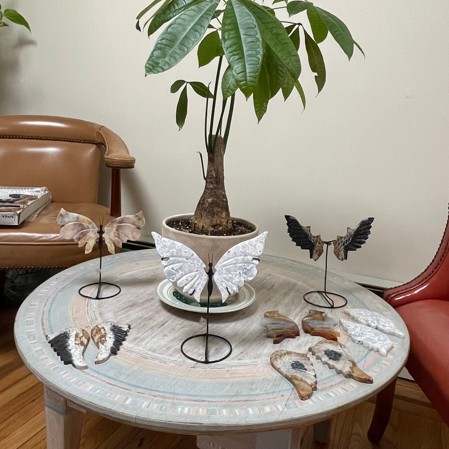 White Agate With Druzy Crystal Healing Energy Butterfly Wing Set on metal stand
