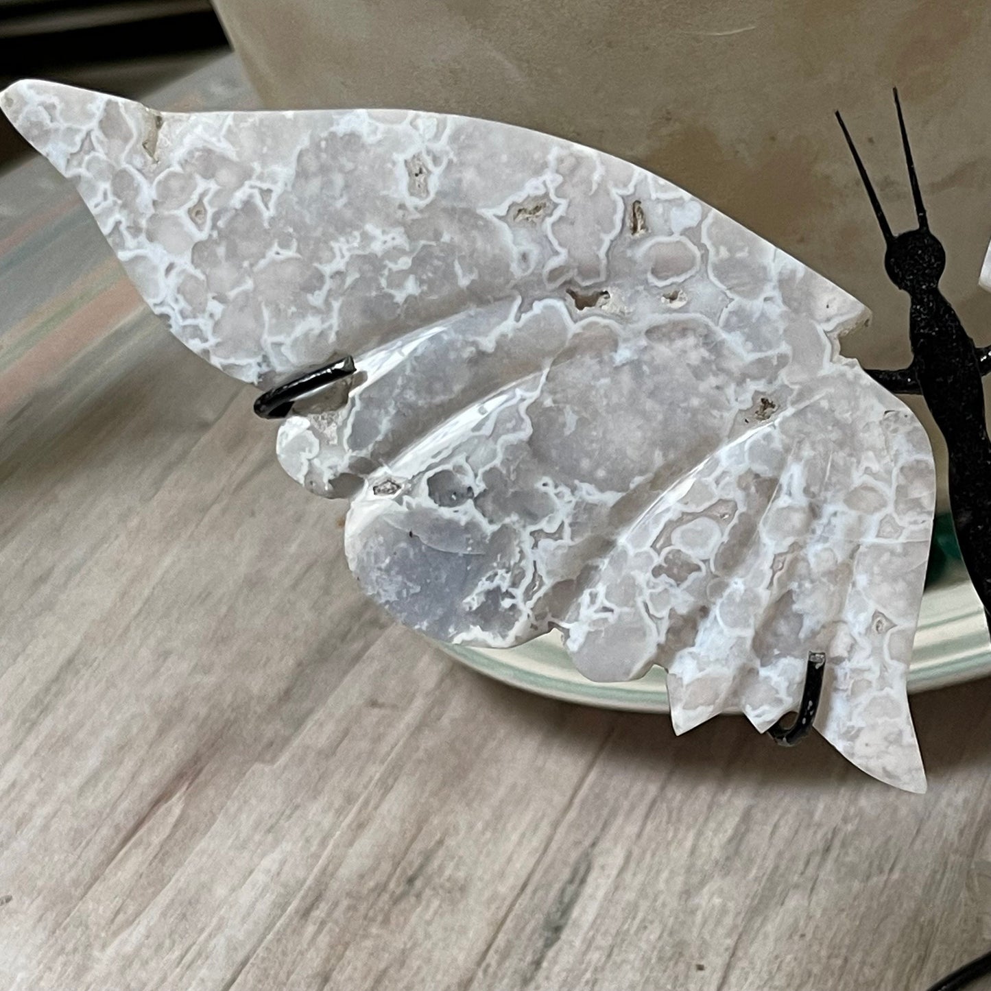 White Agate With Druzy Crystal Healing Energy Butterfly Wing Set on metal stand