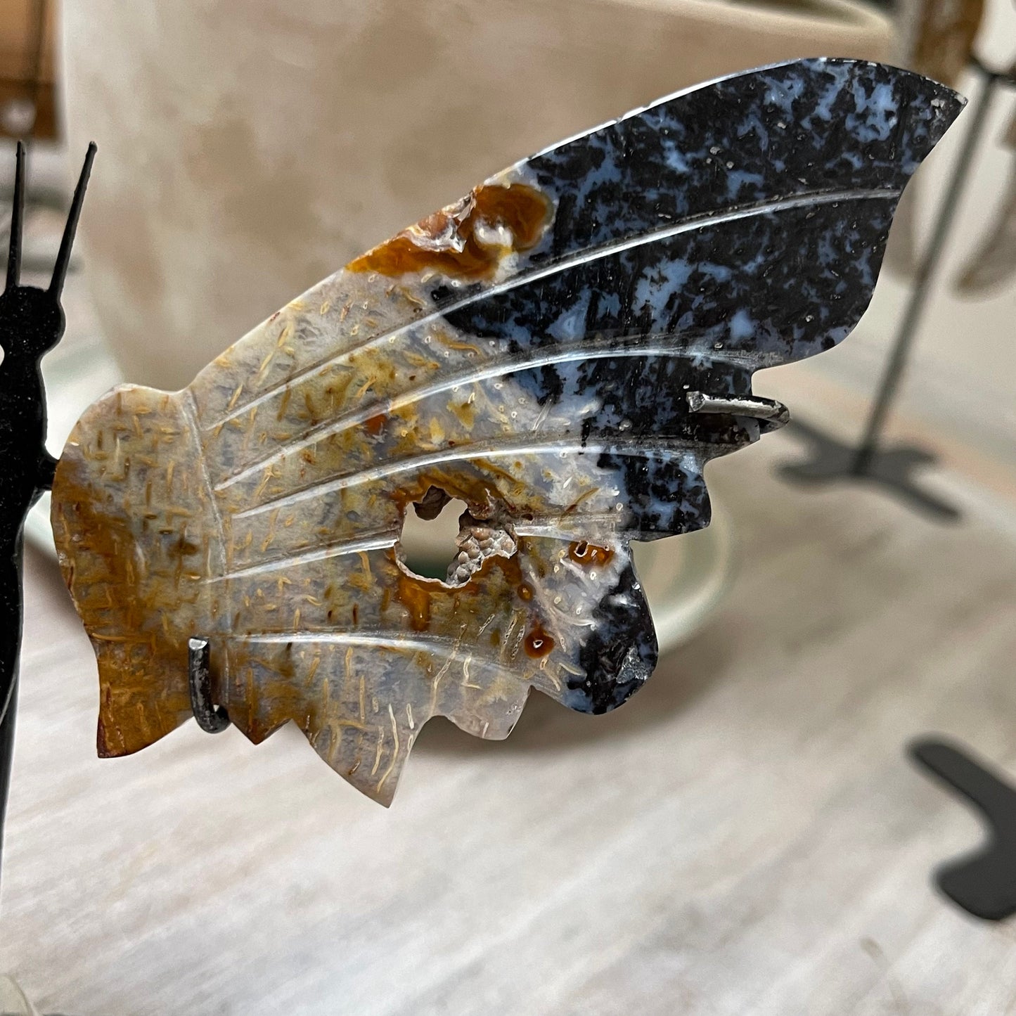 Fossilized Palm Root Butterfly Crystal Wing Set on metal stand