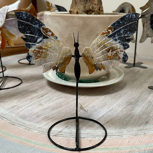 Fossilized Palm Root Butterfly Crystal Wing Set on metal stand
