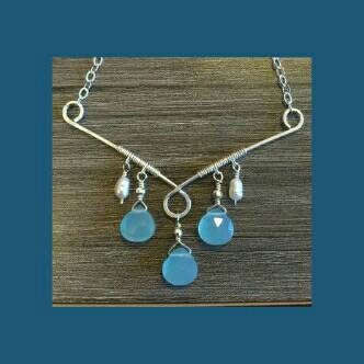 Blue Chalcedony and Freshwater Pearl Necklace on Sterling Silver, Hand crafted