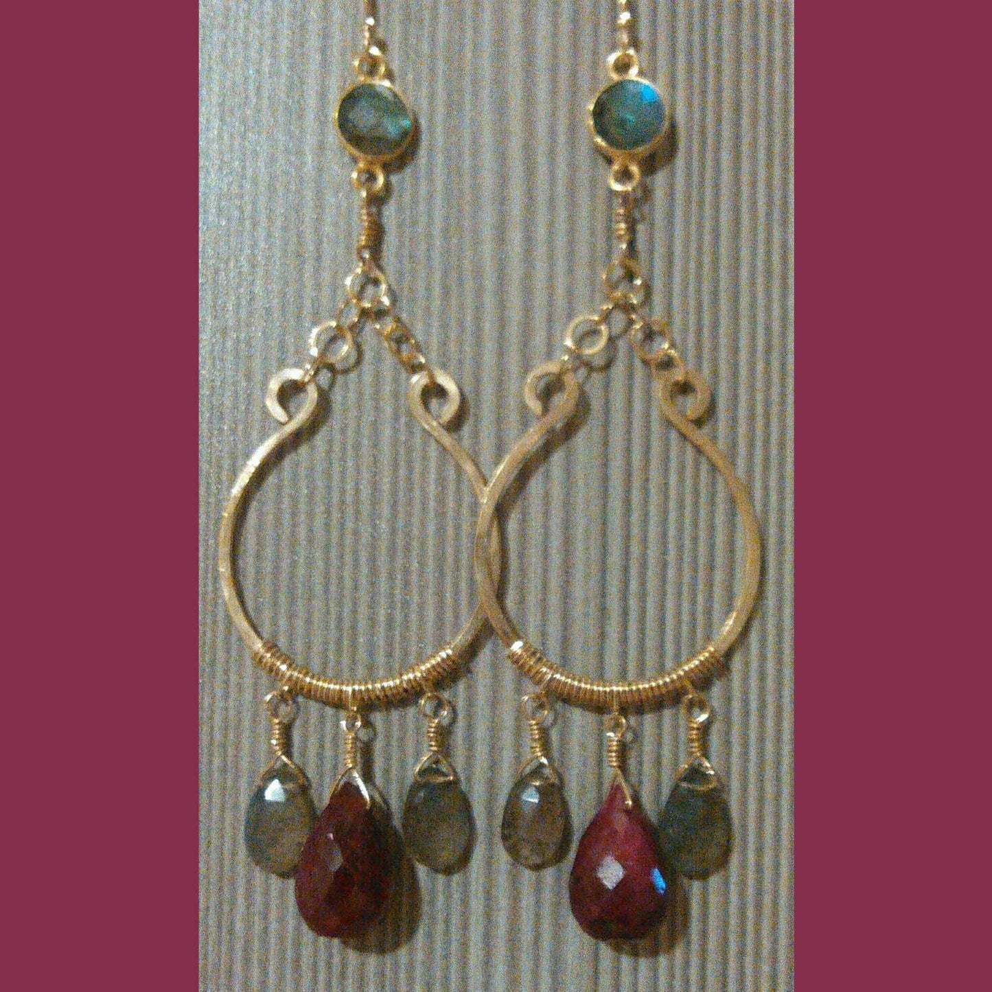 14k Goldfill Handcrafted Earrings with faceted Labradorite and Faceted Rubies Free Shipping in USA